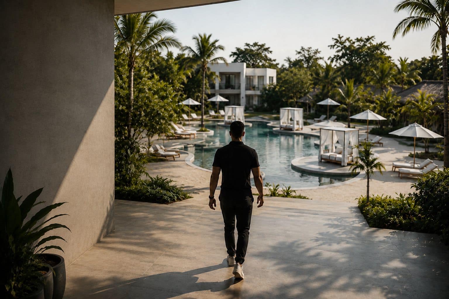 Pronoia Bali regenerative destination with a guest walking toward the pool