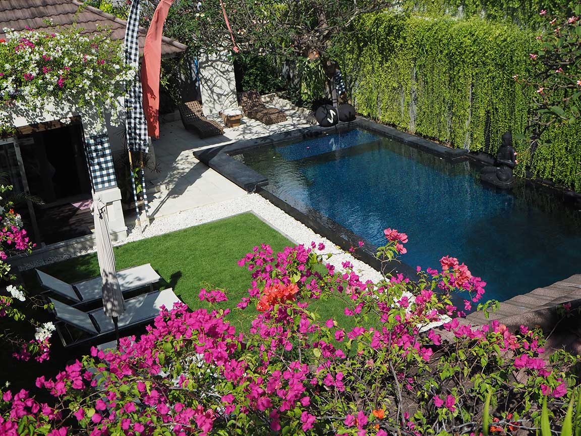 Private pool framed by flowering tropical plants