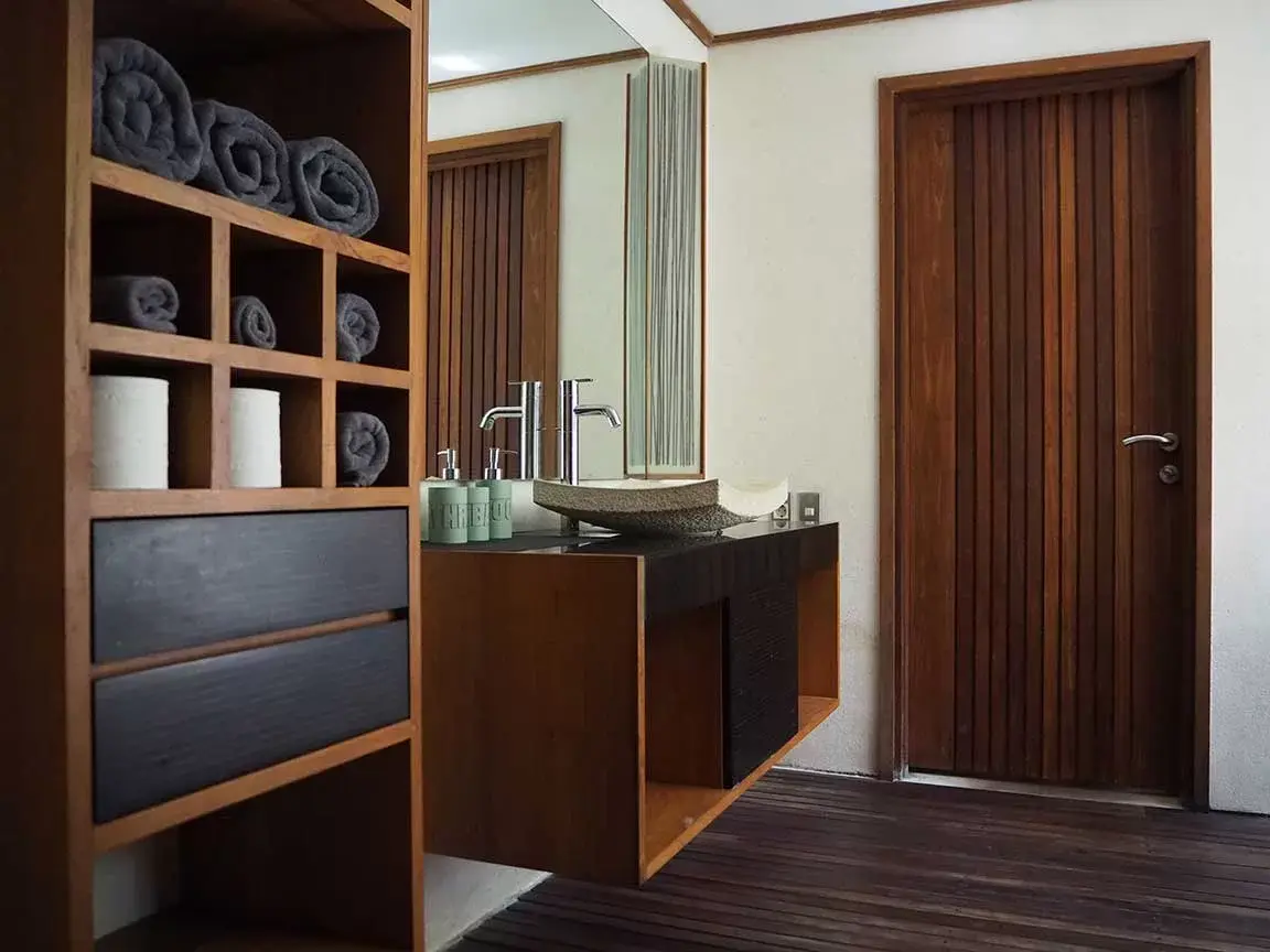 Bathroom vanity with built-in timber storage