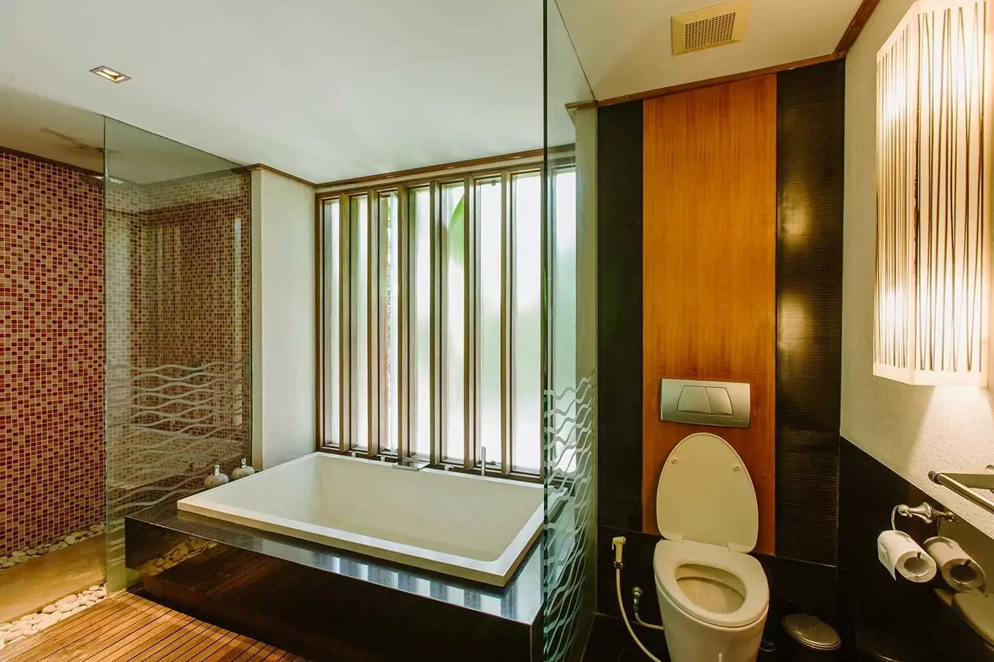 Bathtub and toilet within the villa bathroom